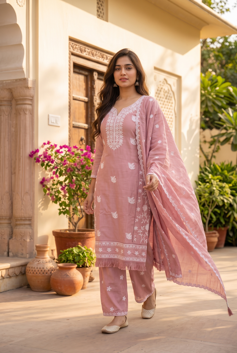 Rose Blossom Embroidered Kurta Set