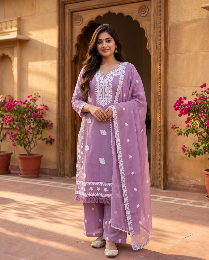 Lavender Dream Embroidered Kurta Set with Scalloped Dupatta