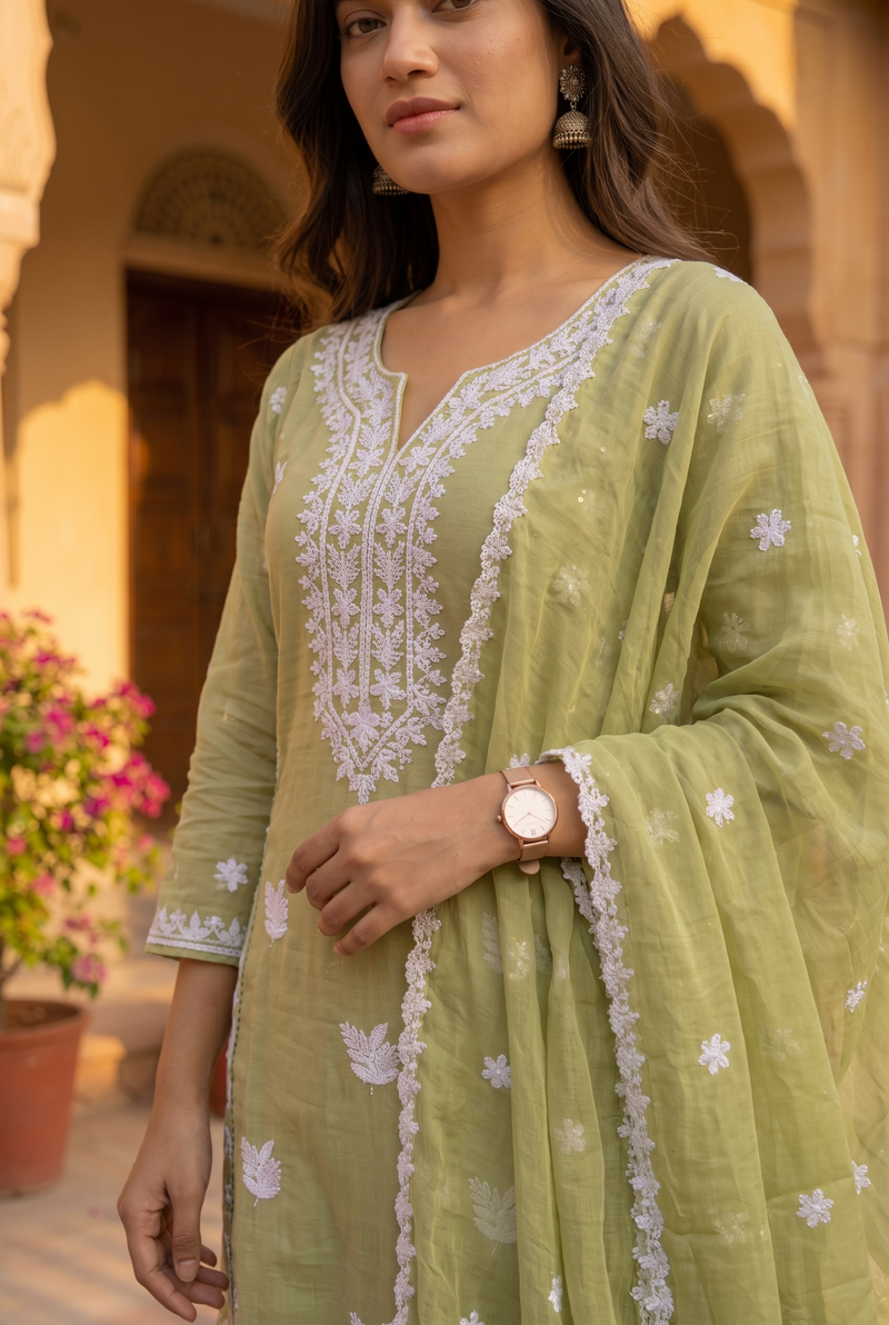Olive Blossom Hand-Embroidered Chikankari Kurta Set