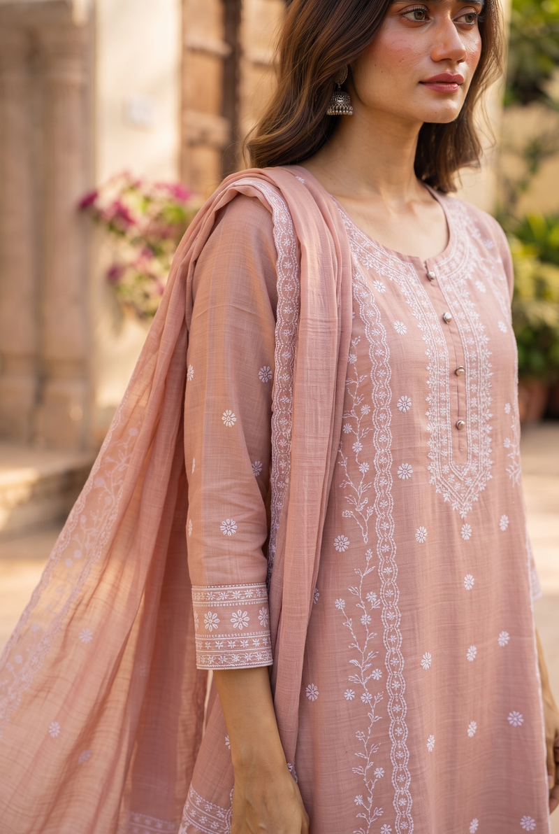 Rose Blossom Embroidered Kurta Set