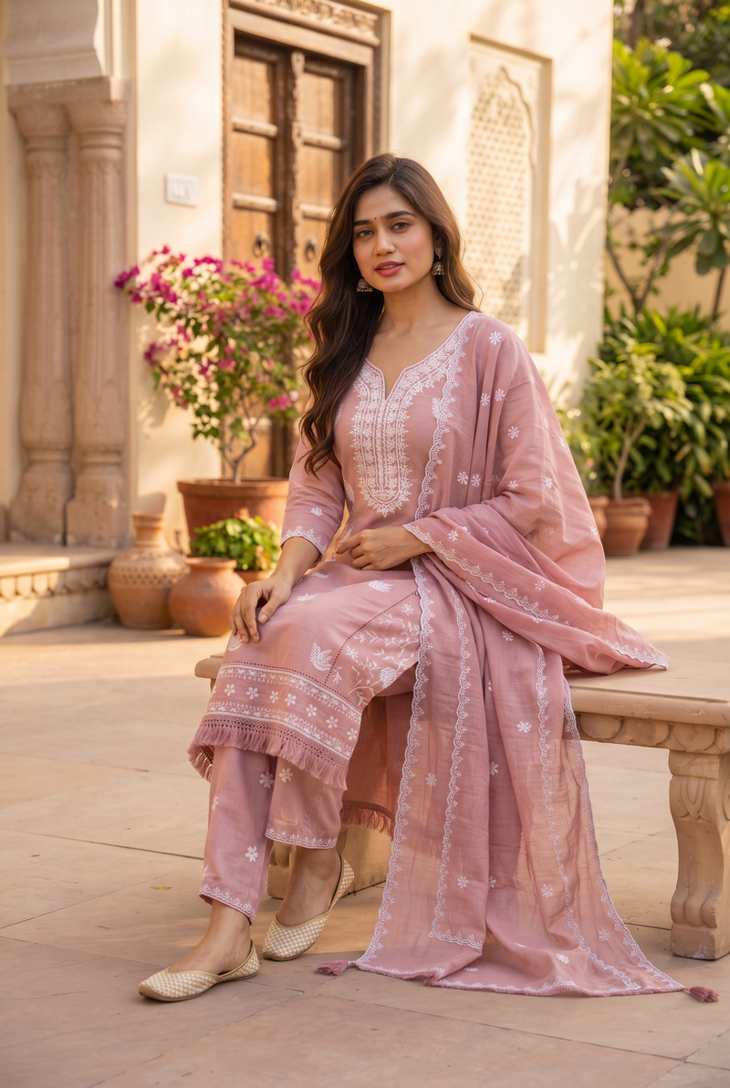 Rose Blossom Embroidered Kurta Set