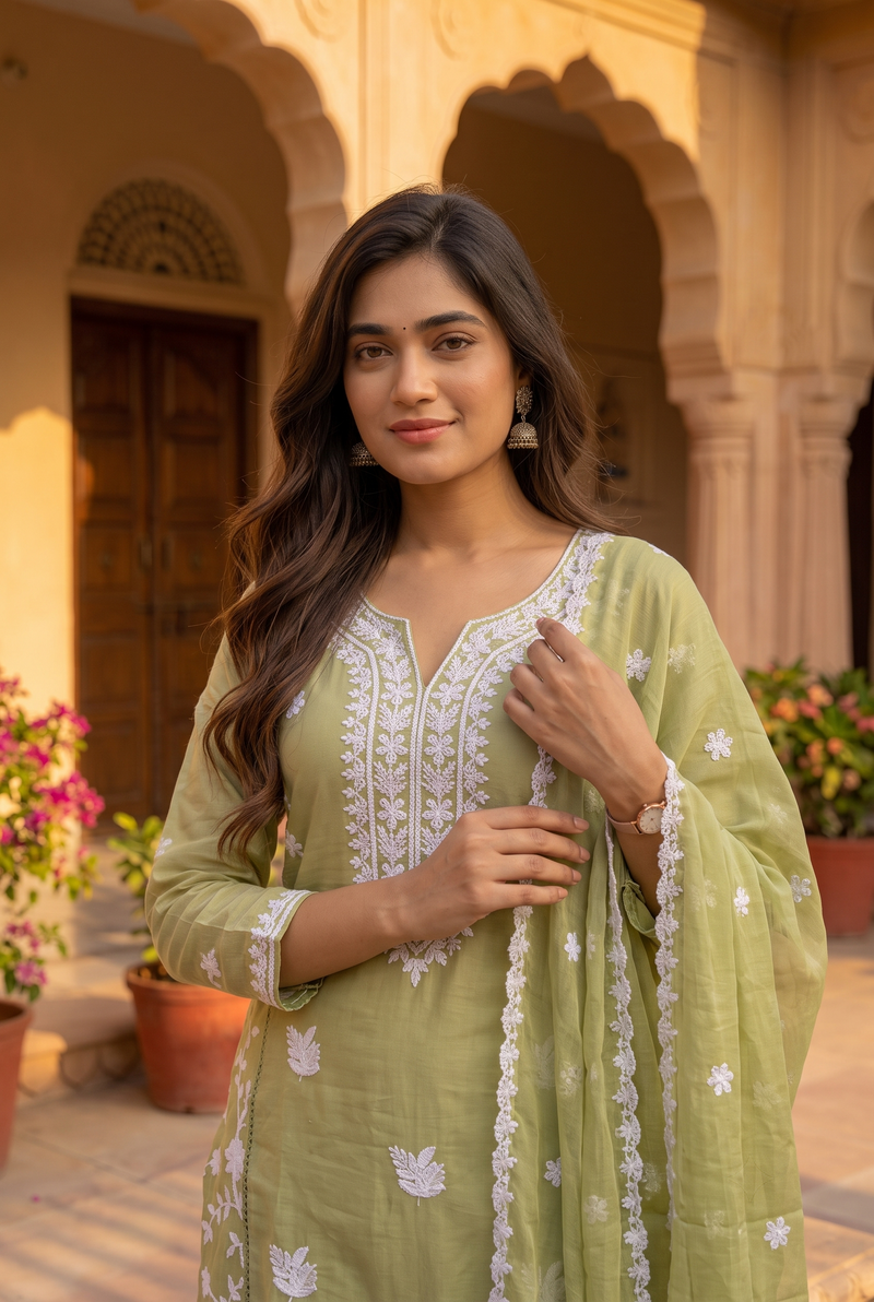 Olive Blossom Hand-Embroidered Chikankari Kurta Set