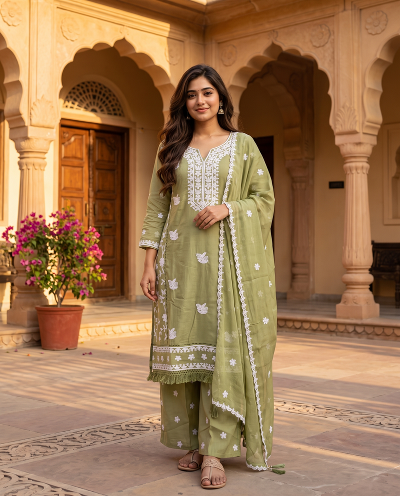 Olive Blossom Hand-Embroidered Chikankari Kurta Set