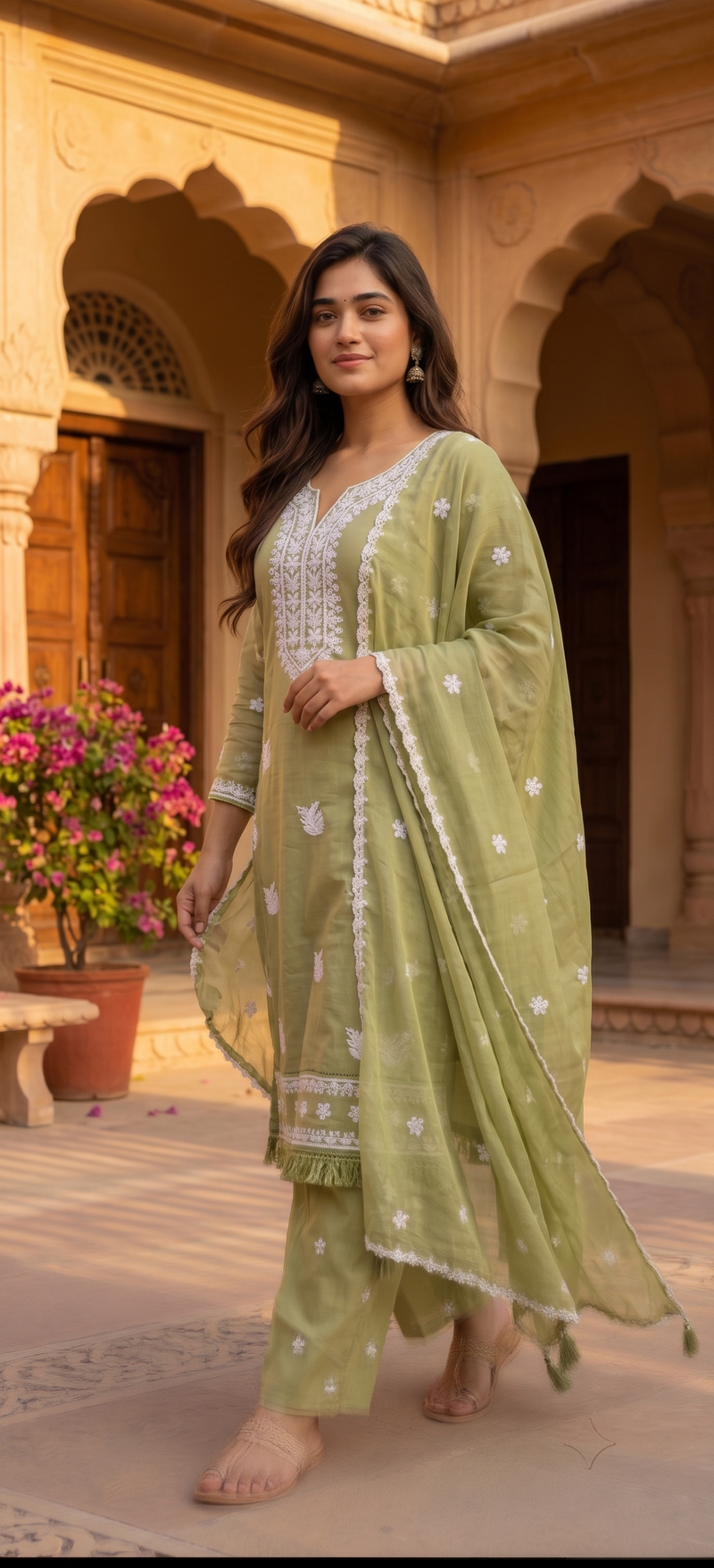 Olive Blossom Hand-Embroidered Chikankari Kurta Set