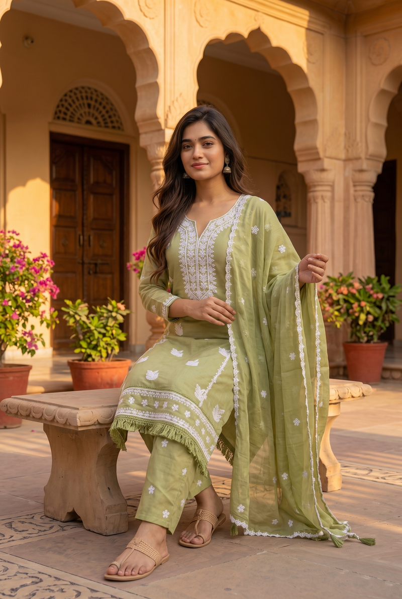 Olive Blossom Hand-Embroidered Chikankari Kurta Set