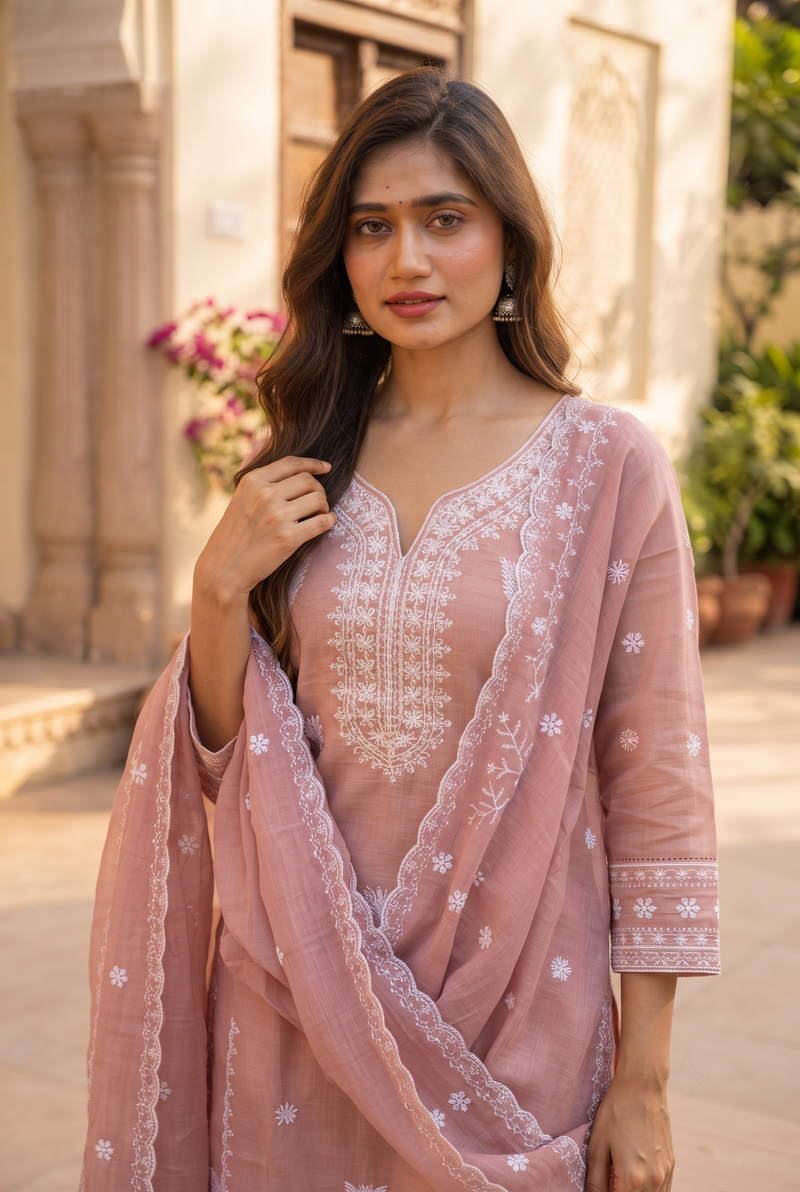 Rose Blossom Embroidered Kurta Set