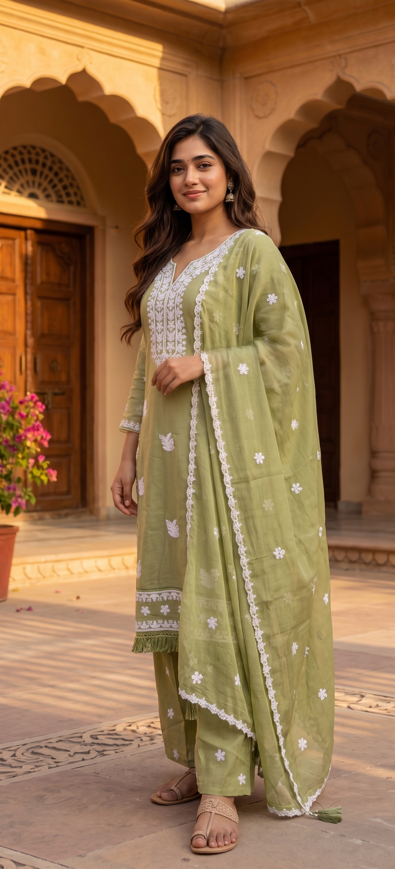 Olive Blossom Hand-Embroidered Chikankari Kurta Set