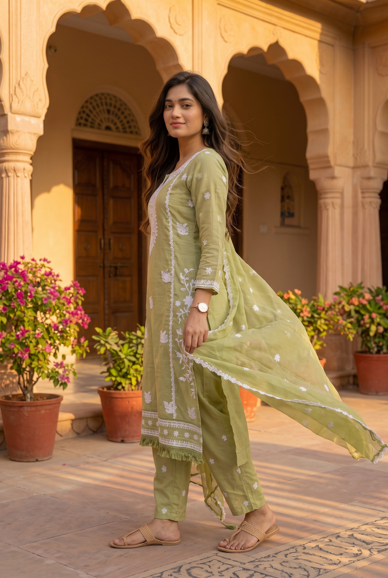 Olive Blossom Hand-Embroidered Chikankari Kurta Set