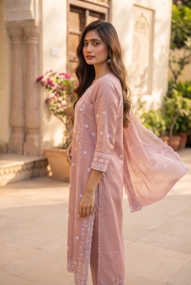 Rose Blossom Embroidered Kurta Set