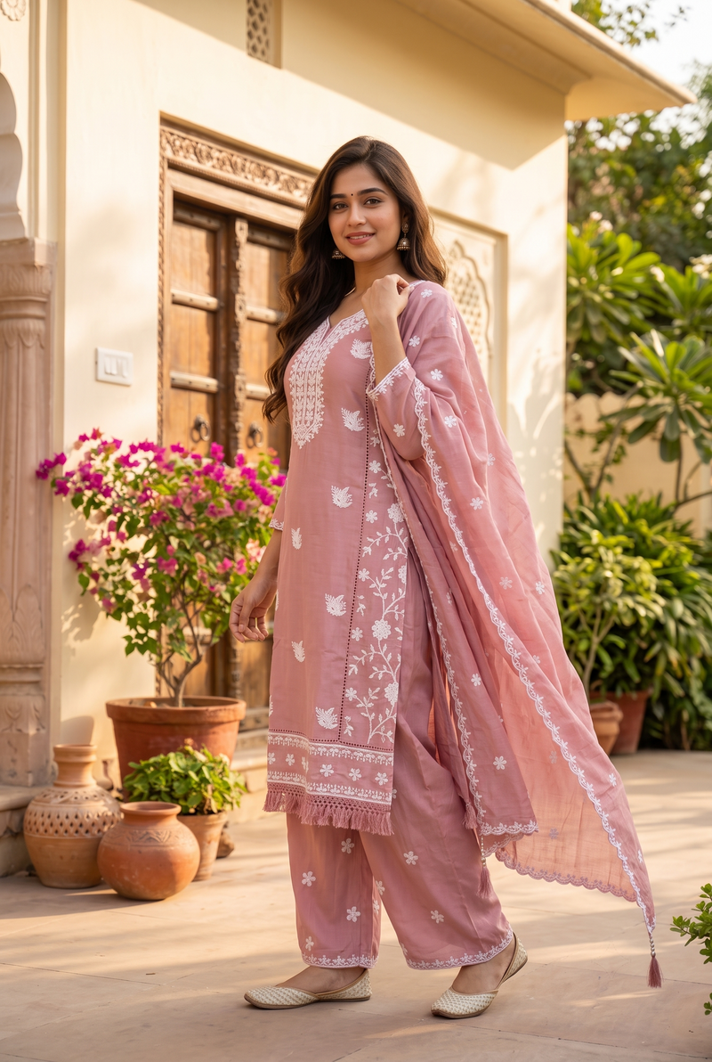 Rose Blossom Embroidered Kurta Set