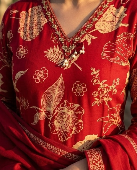 Red & Gold Floral Print Kurta Pant Set with Dupatta
