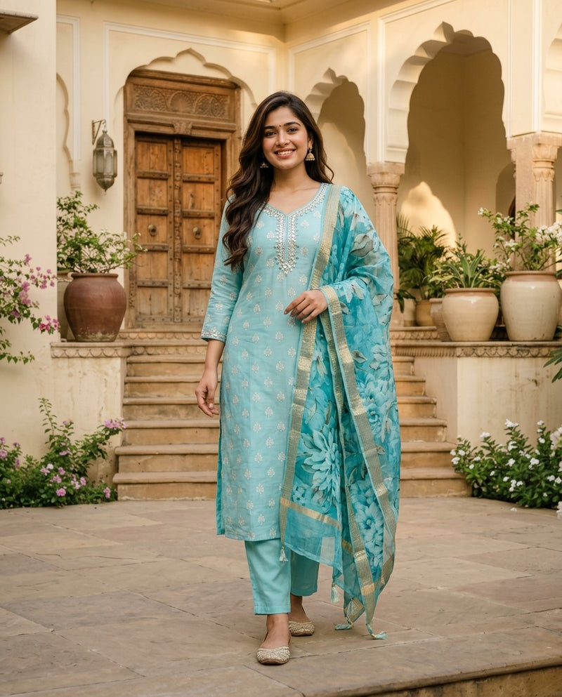Light Blue Embroidered Kurta Set with Dupatta