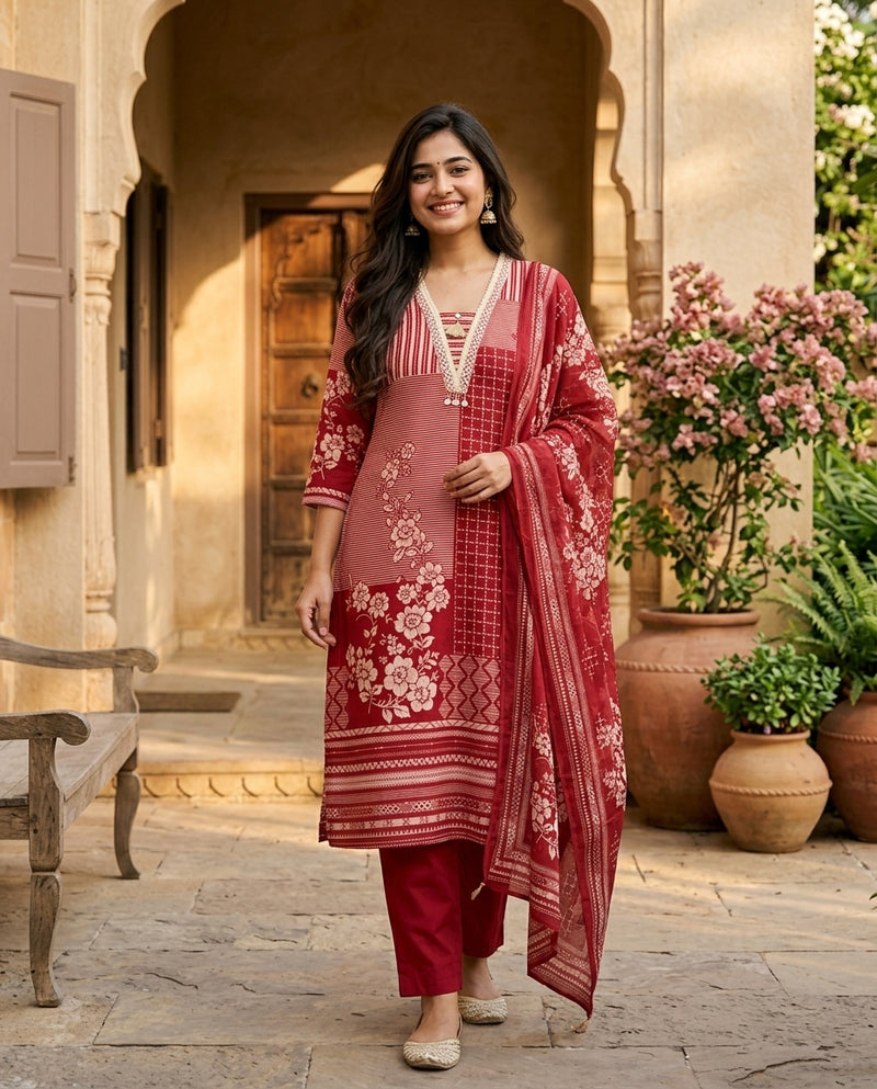 Red Patchwork Print A-Line Kurta Set with Dupatta