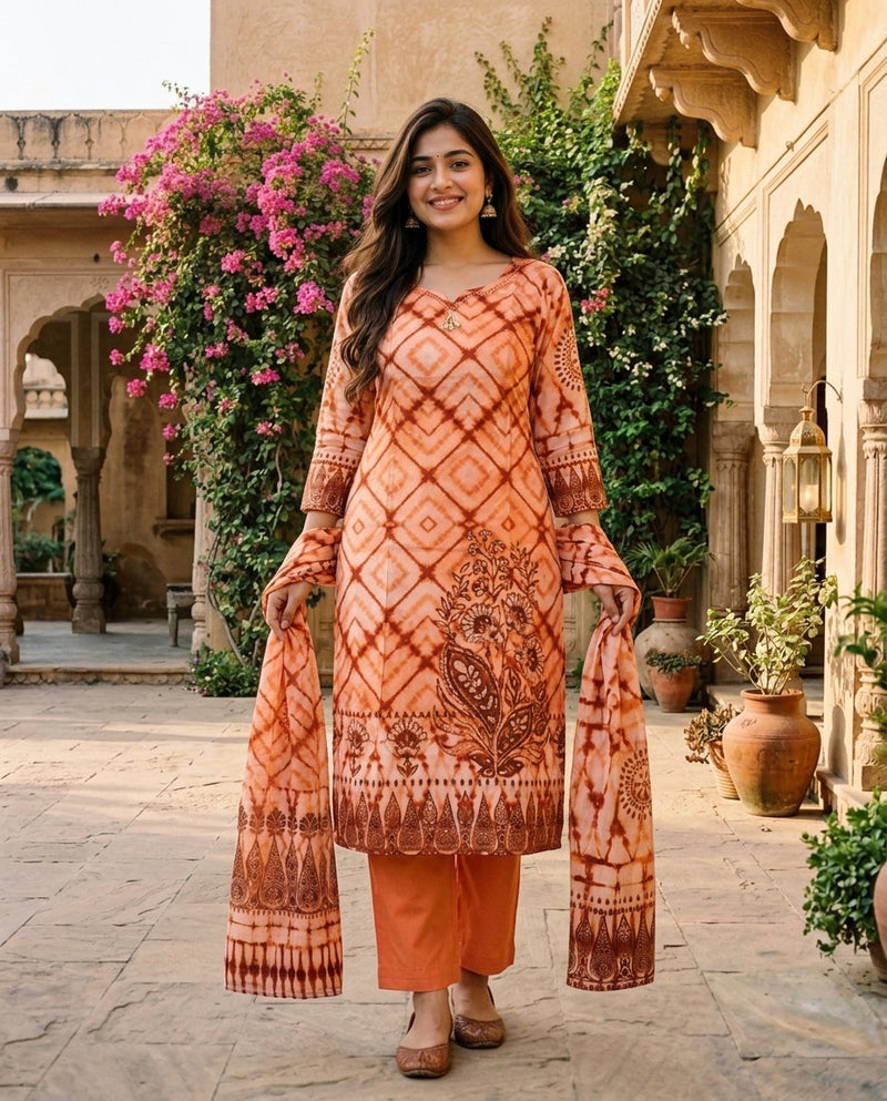 Peach Tie-Dye Printed Kurta Set with Dupatta and Trousers