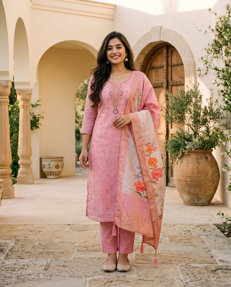 Pink Embroidered Kurta Set with Dupatta