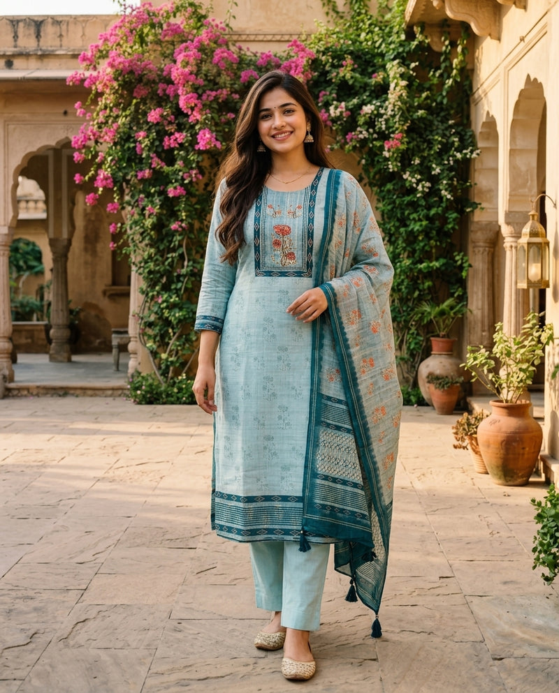 Light Blue Printed Slub Kurta Set with Dupatta