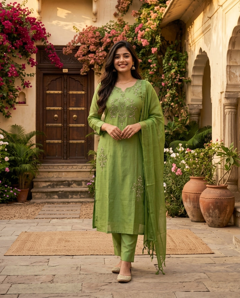 Green Embroidered Kurta Set with Trousers and Dupatta