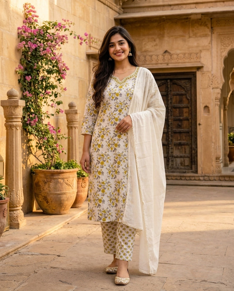 Off-White Floral Printed Kurta Set with Lace Dupatta