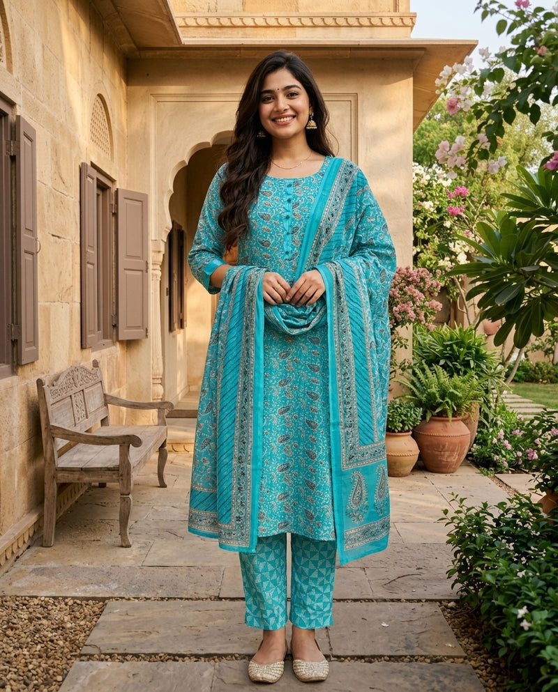 Turquoise Printed Kurta Set with Dupatta