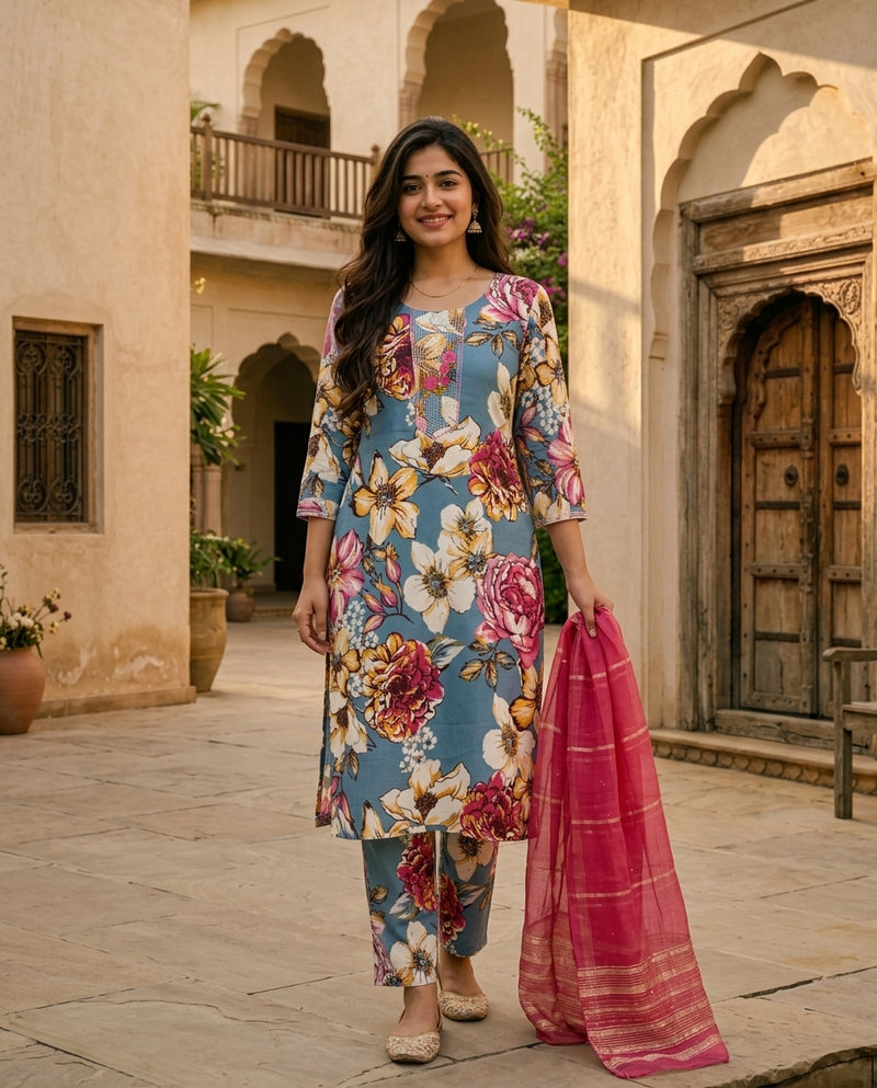 Floral Printed Kurta Set with Dupatta in Dusty Blue and Pink