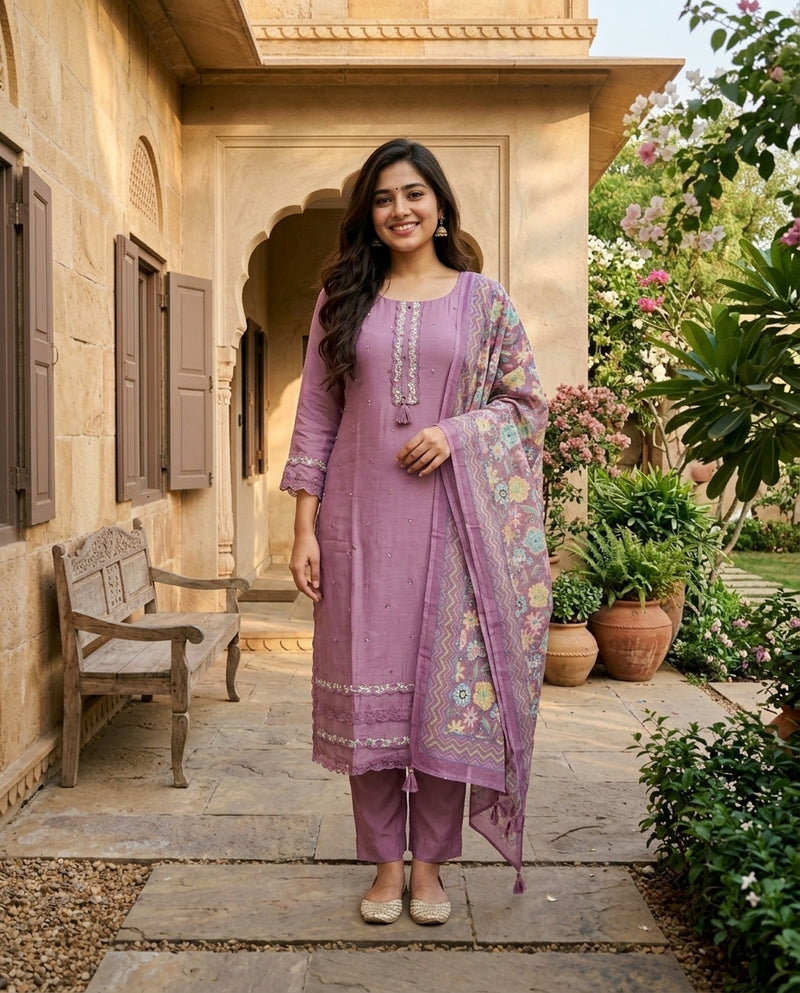 Mauve Embroidered Kurta Set with Printed Dupatta