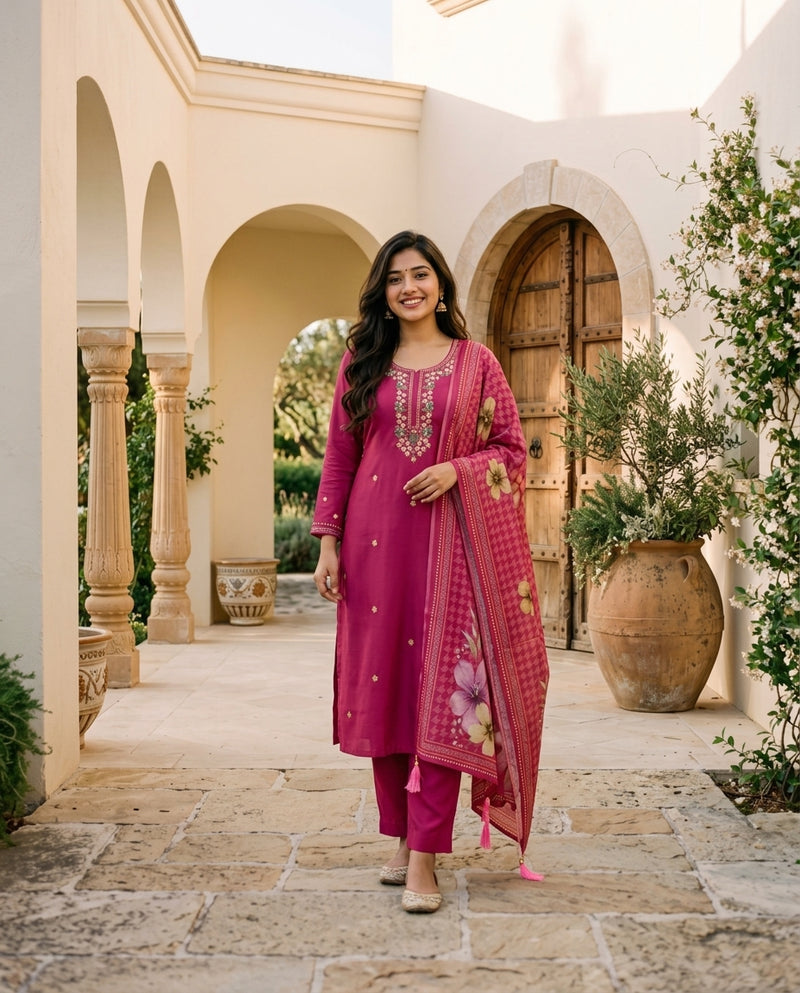Magenta Embroidered Kurta with Trousers and Printed Dupatta Set