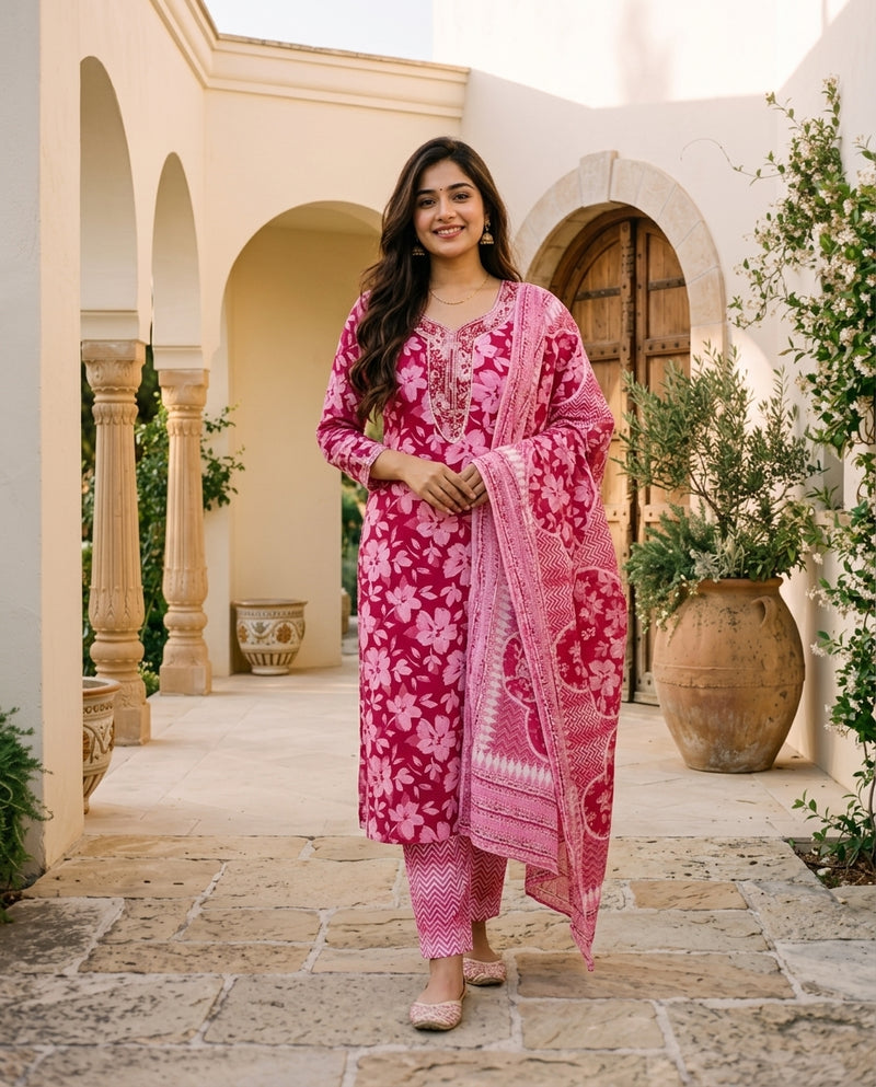 Pink Floral Printed Kurta Set with Sequined Neckline