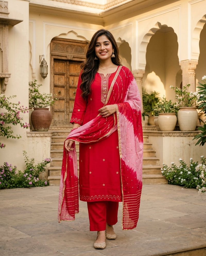 Red Embroidered Kurta Set with Leheriya Dupatta