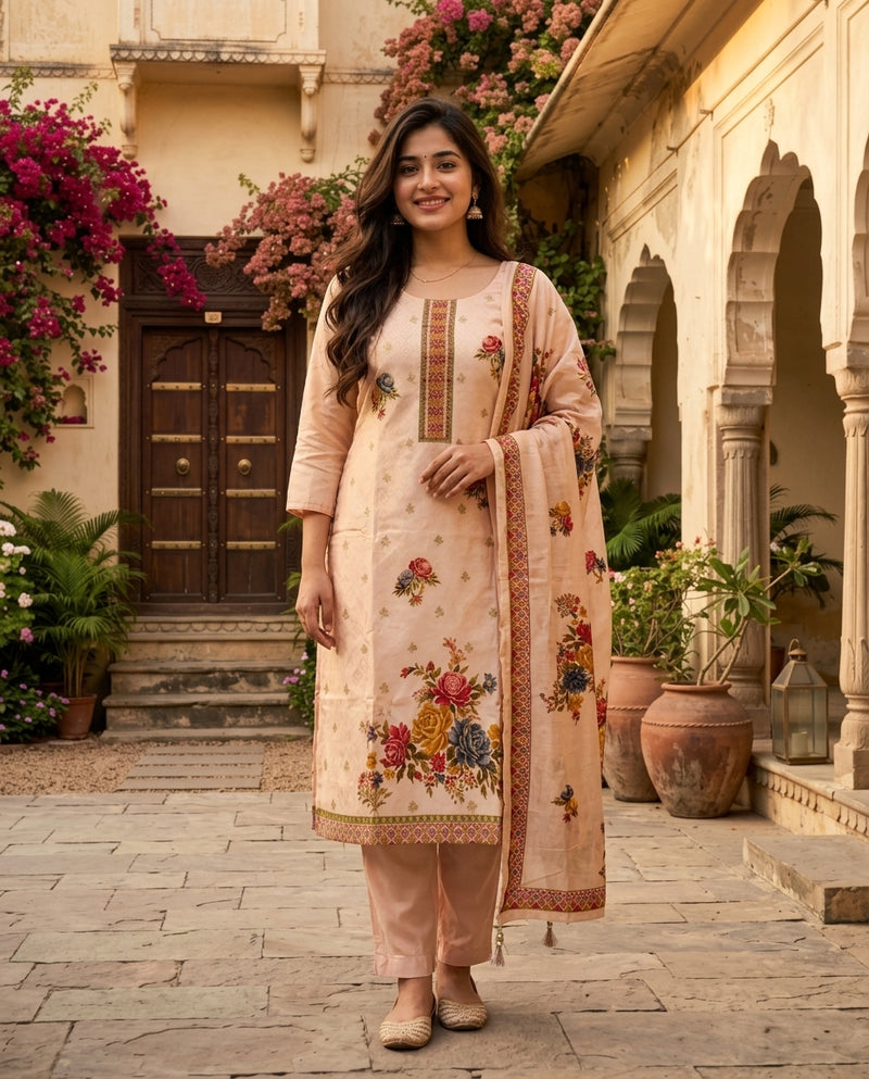 Peach Floral Print and Embroidered Yoke Suit Set