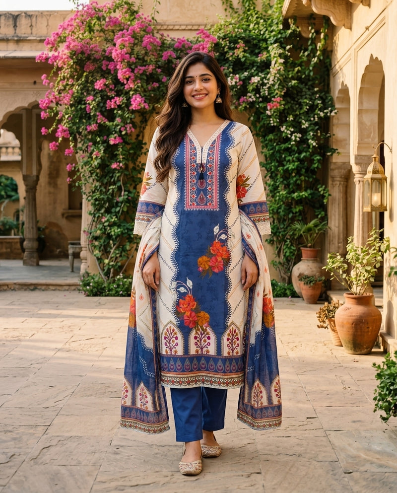 Off-White & Blue Printed Kurta Set with Dupatta