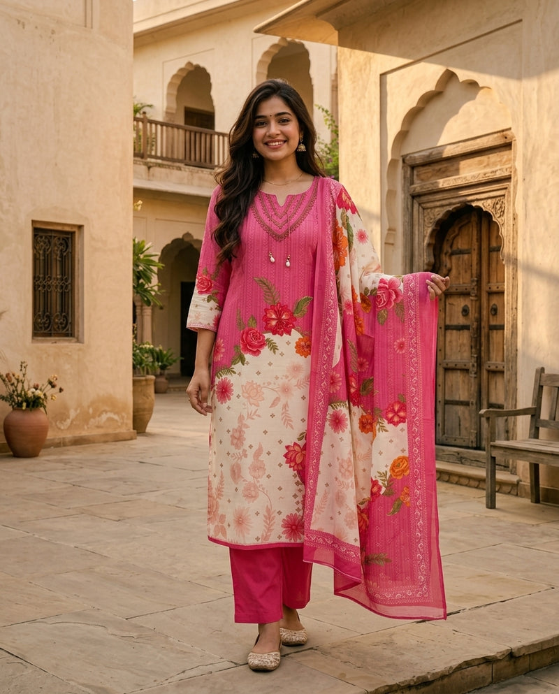 Pink Floral Printed Suit Set with Embroidered Neckline