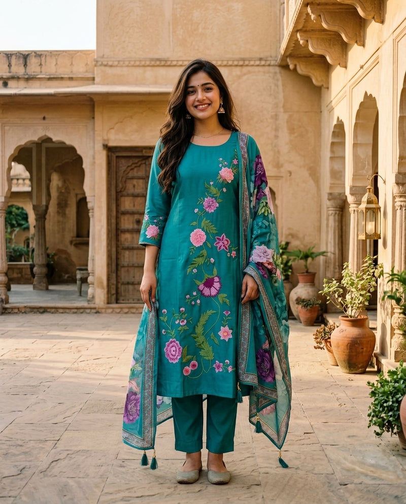Teal Floral Embroidered Kurta Set with Printed Dupatta