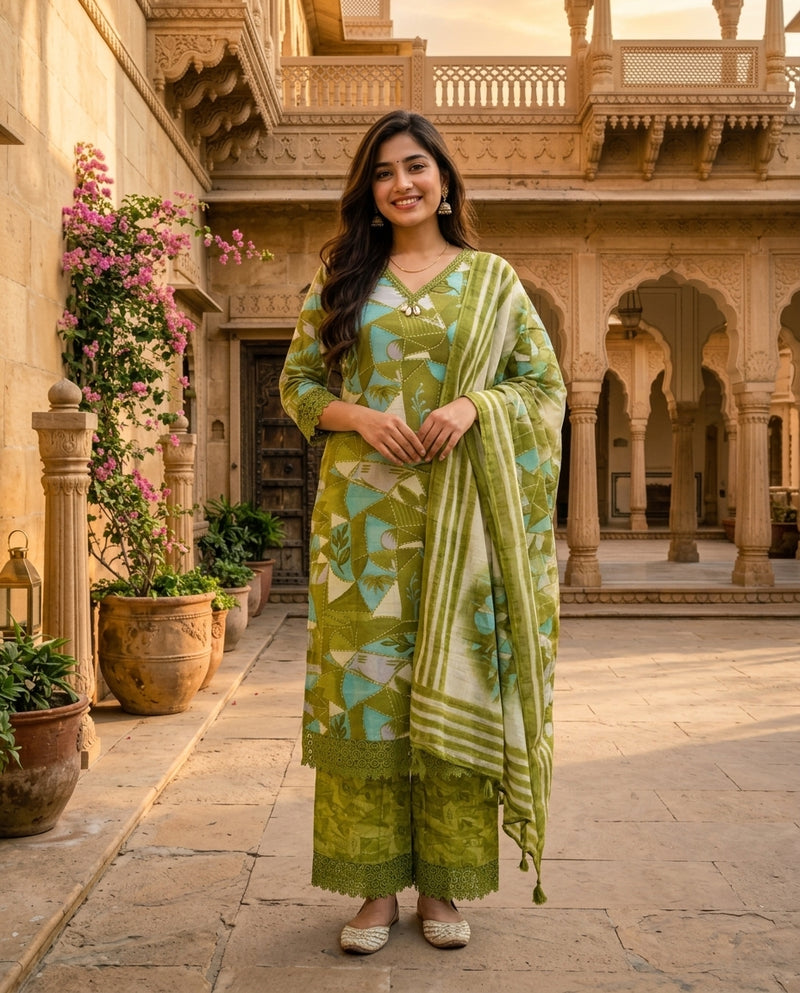 Green Printed V-Neck Kurta Set with Palazzo and Dupatta
