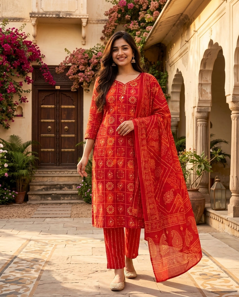 Red Bandhani Print Kurta Set with Trousers and Dupatta