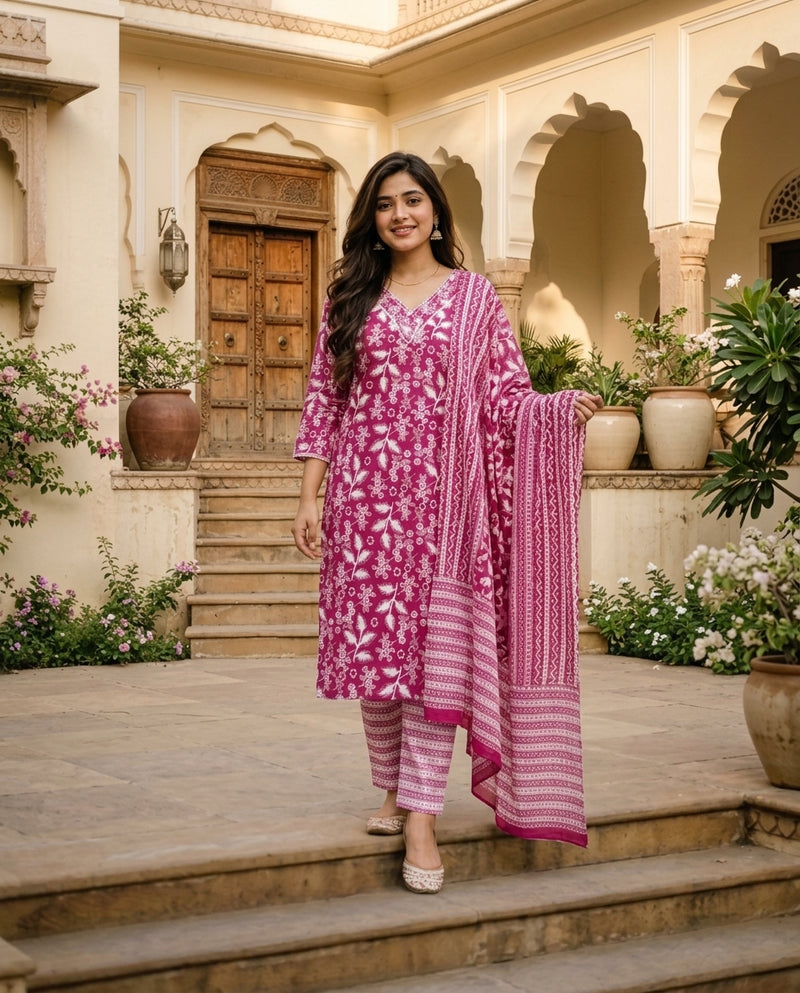 Magenta Floral Printed Kurta Set with Trousers and Dupatta