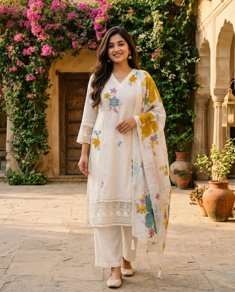 Off-White Floral Embroidered Kurta Set with Dupatta