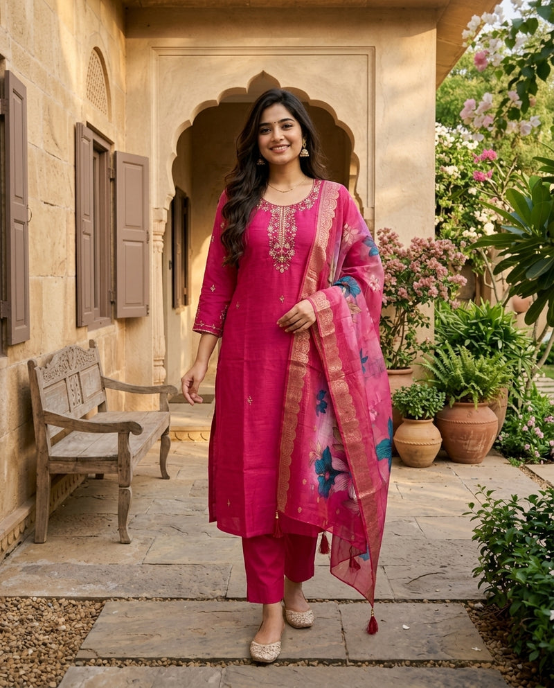 Magenta Embroidered Kurta Set with Floral Printed Dupatta