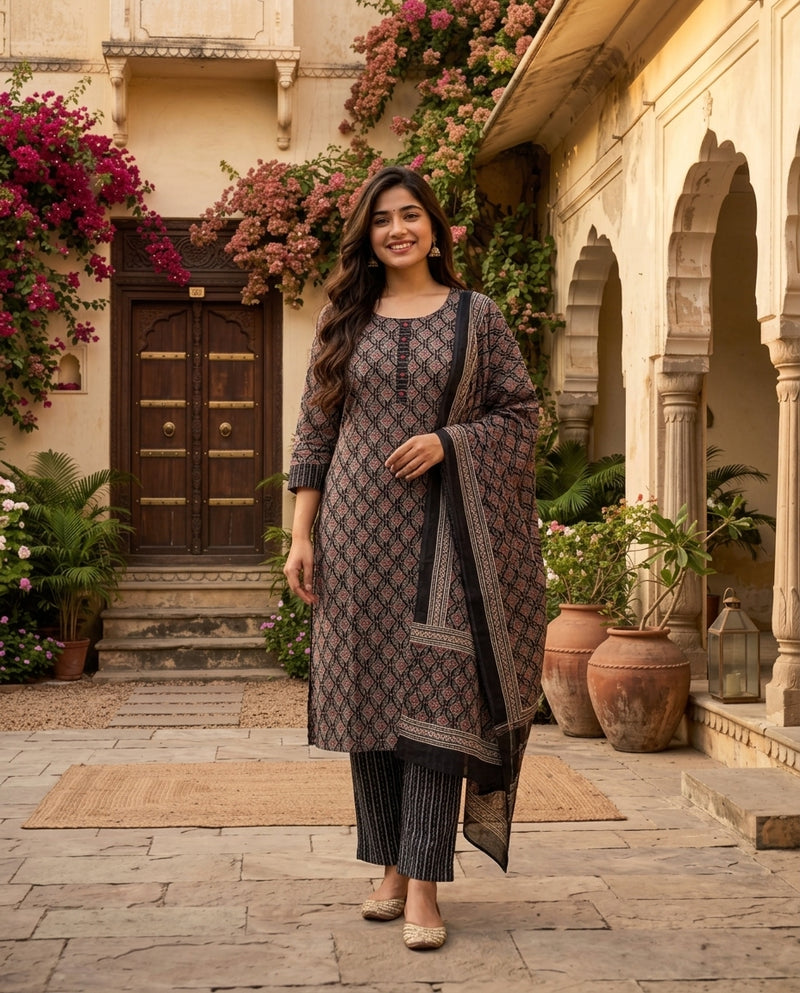 Black Geometric Printed Kurta Set with Pants and Dupatta