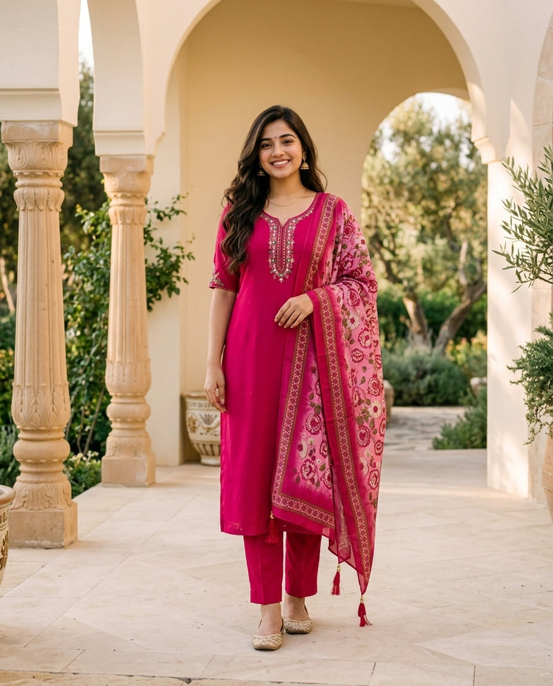 Magenta Embroidered Kurta Set with Printed Dupatta