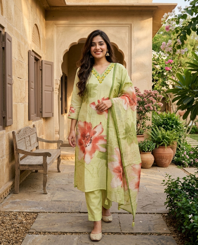Light Green Floral Printed Suit Set with Embroidered V-Neck