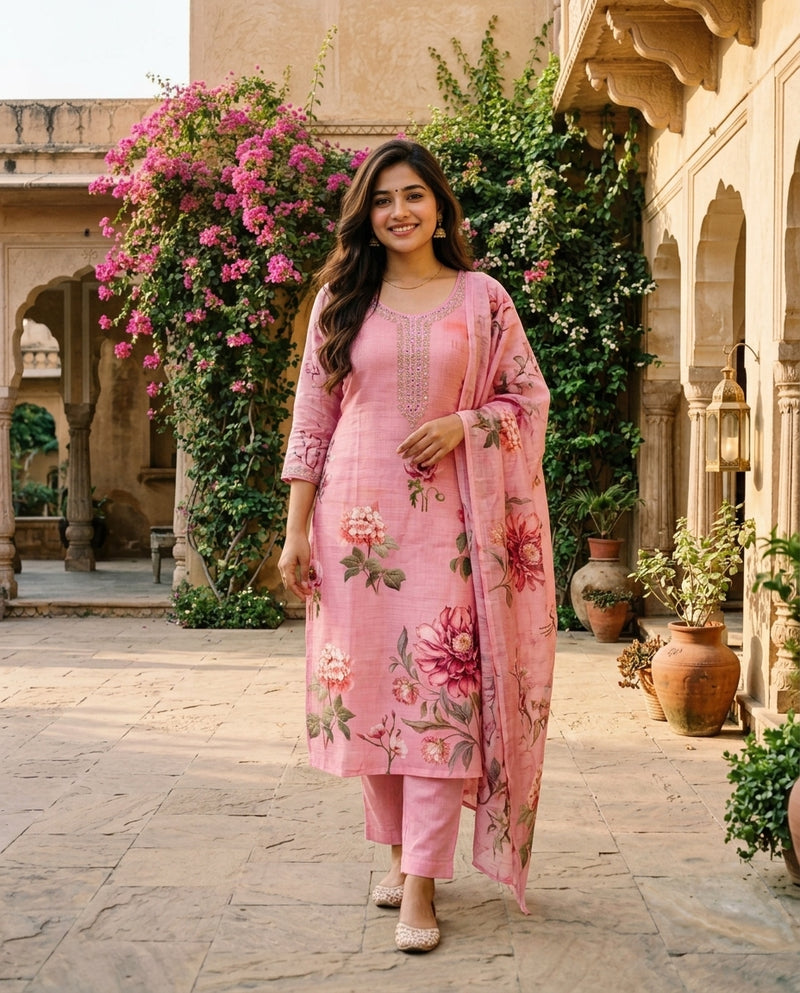 Pink Floral Print Kurta Set with Embroidered Yoke