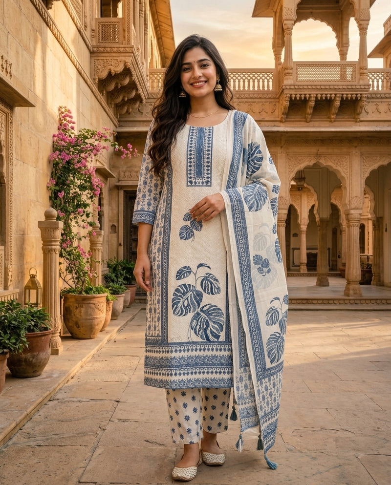 Off-White & Blue Printed Cotton Kurta Suit Set with Dupatta