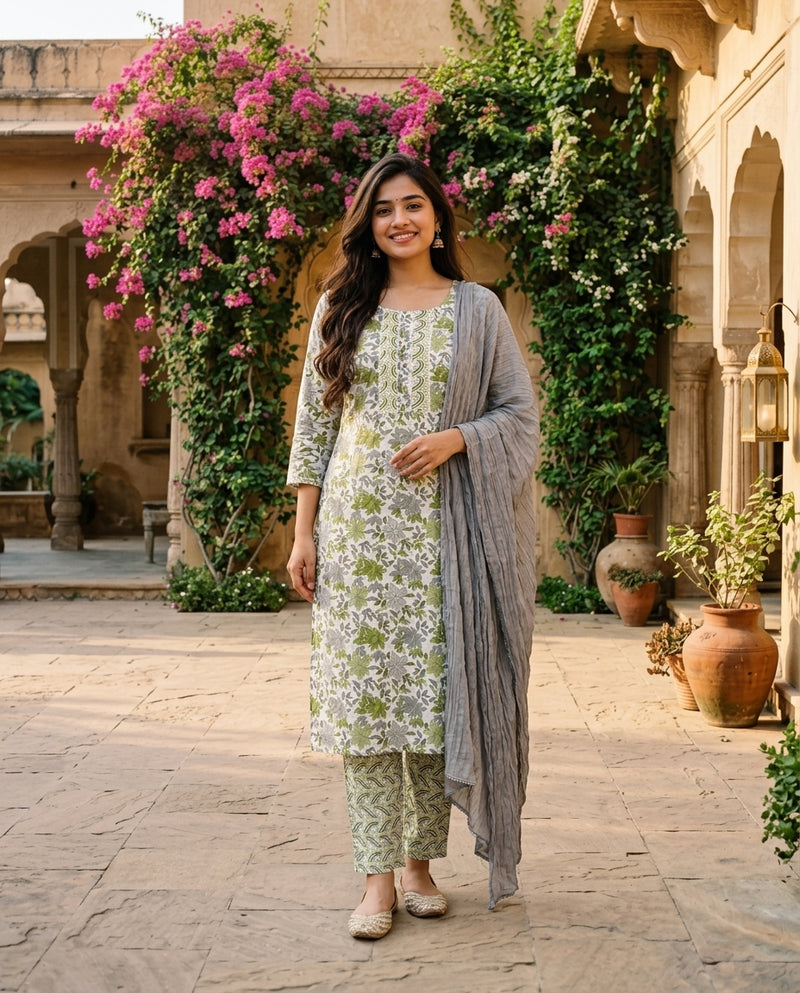 Green and White Printed Kurta Set with Grey Dupatta