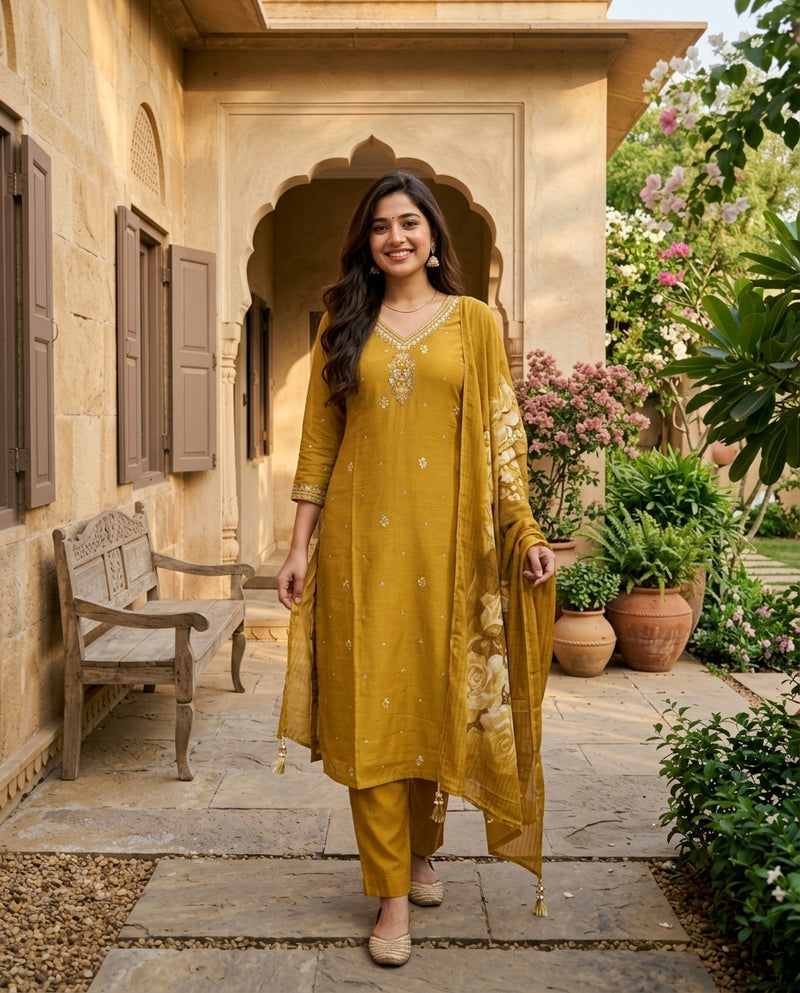 Mustard Yellow Embroidered Kurta Set with Dupatta