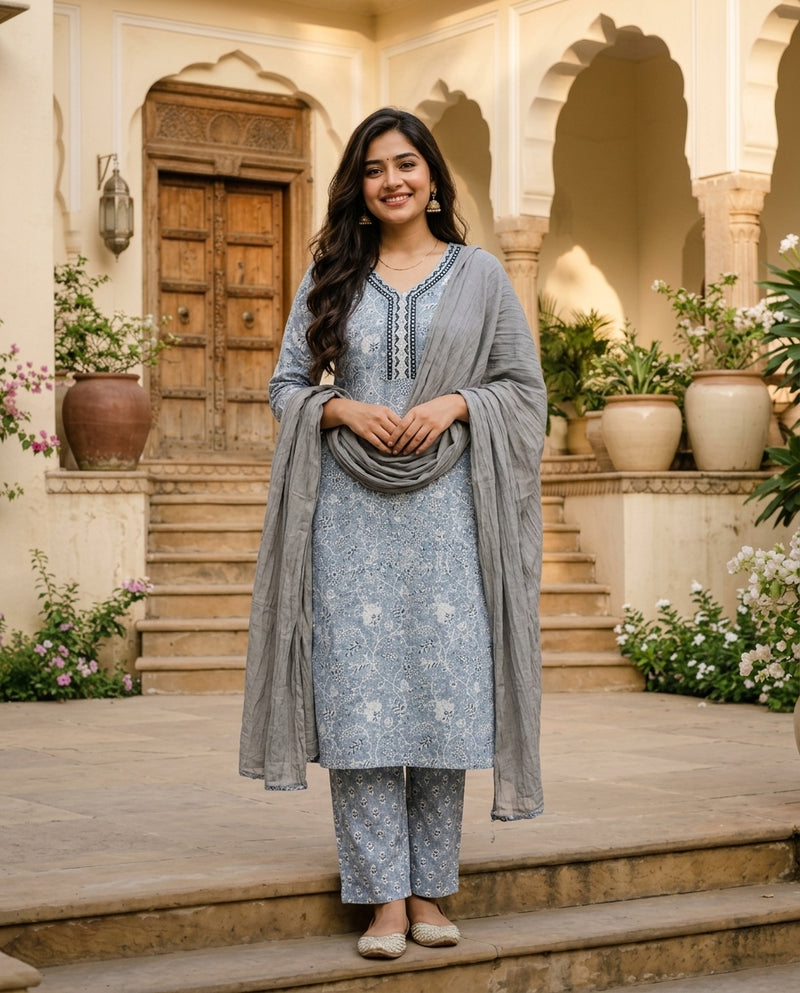Blue Floral Printed Cotton Suit Set with Mirror Work
