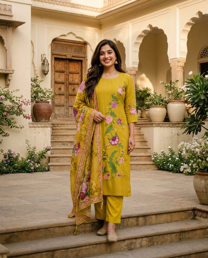 Yellow Floral Embroidered Kurta Set with Dupatta