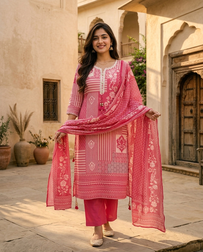 Pink Patchwork Print Kurta Set with Dupatta