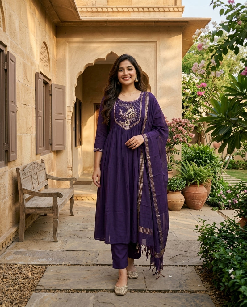 Purple Flared Frock Suit Set with Floral Embroidered Yoke