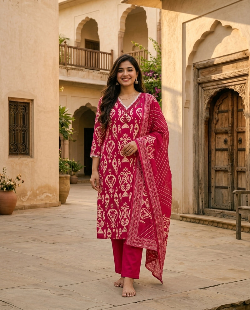 Pink Ikat Printed Kurta Suit Set with Dupatta