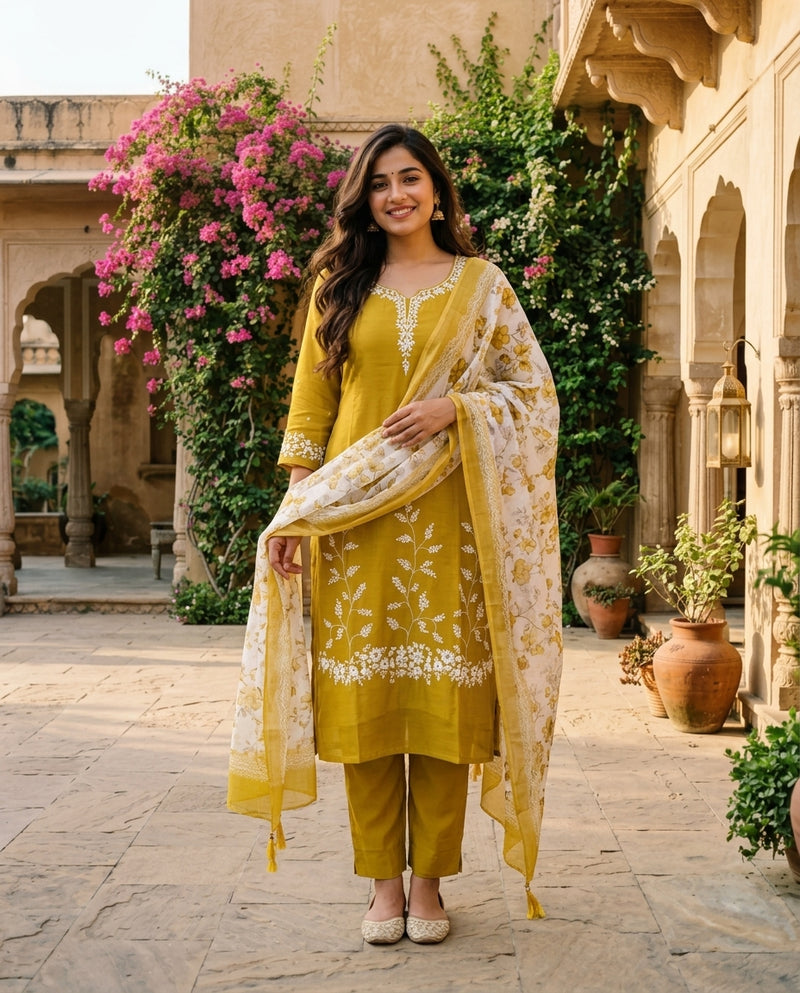 Mustard Yellow Embroidered Kurta Set with Printed Dupatta